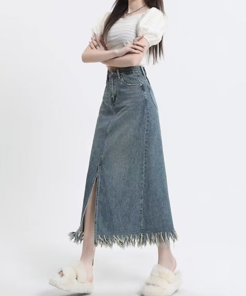 SallyLunn(サリーラン)の「フリンジヘムハイウエストデニムスカート(デニムスカート・レディース・ブルー・MEDIUM/LARGE)」の7枚目の写真