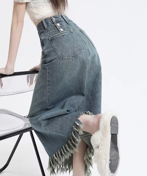 SallyLunn(サリーラン)の「フリンジヘムハイウエストデニムスカート(デニムスカート・レディース・ブルー・MEDIUM/LARGE)」の9枚目の写真