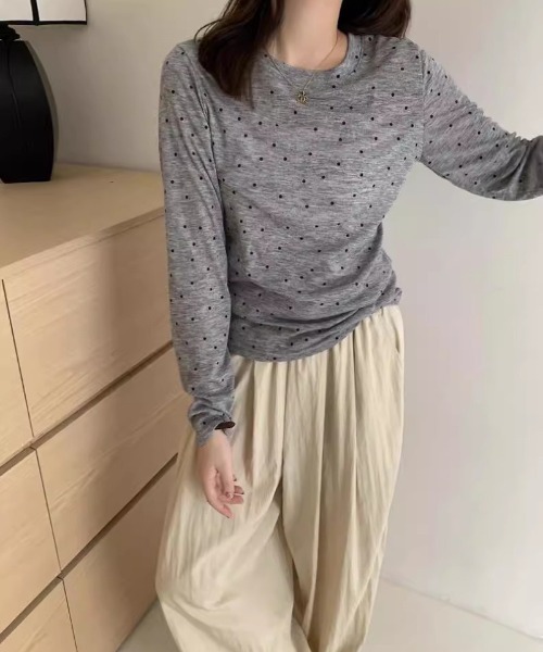 Ritzy(リッツィー)の「ドット柄長袖トップス(Tシャツ/カットソー・レディース・ベージュ/グレー・FREE)」の13枚目の写真