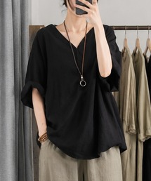 《春夏にぴったり!抜け感大人カジュアル♪》Vネック半袖チュニックトップス