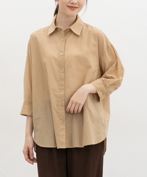 Honeys(ハニーズ)の「やわらか綿7分袖シャツ(シャツ/ブラウス・レディース・ホワイト×ネイビー/キャメル/サックスブルー系/ホワイト/ブラック/グレイッシュブルー・L/LL/M)」の6枚目の写真