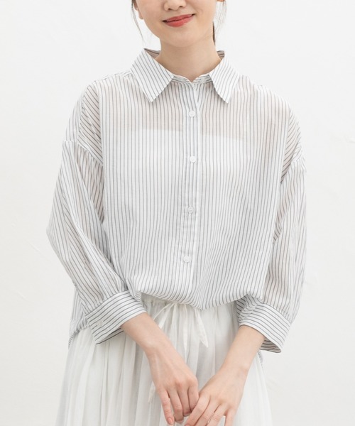 Honeys(ハニーズ)の「やわらか綿7分袖シャツ(シャツ/ブラウス・レディース・ホワイト×ネイビー/キャメル/サックスブルー系/ホワイト/ブラック/グレイッシュブルー・L/LL/M)」の1枚目の写真