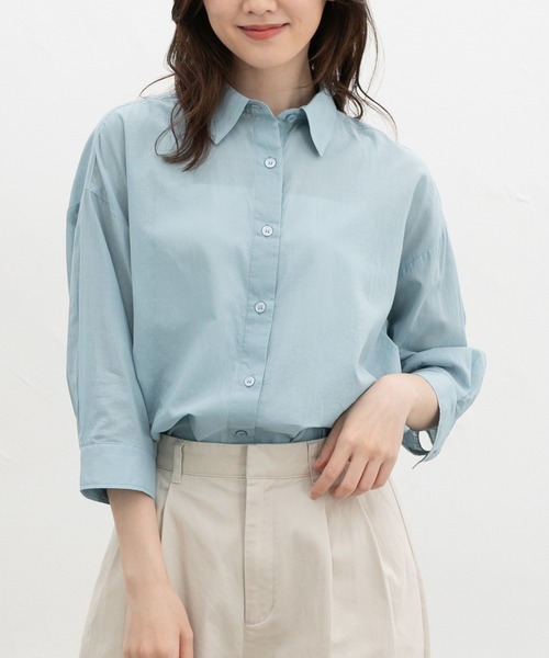 Honeys(ハニーズ)の「やわらか綿7分袖シャツ(シャツ/ブラウス・レディース・ホワイト×ネイビー/キャメル/サックスブルー系/ホワイト/ブラック/グレイッシュブルー・L/LL/M)」の4枚目の写真