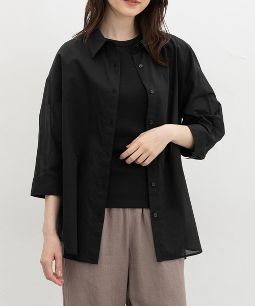 Honeys(ハニーズ)の「やわらか綿7分袖シャツ(シャツ/ブラウス・レディース・ホワイト×ネイビー/キャメル/サックスブルー系/ホワイト/ブラック/グレイッシュブルー・L/LL/M)」の10枚目の写真
