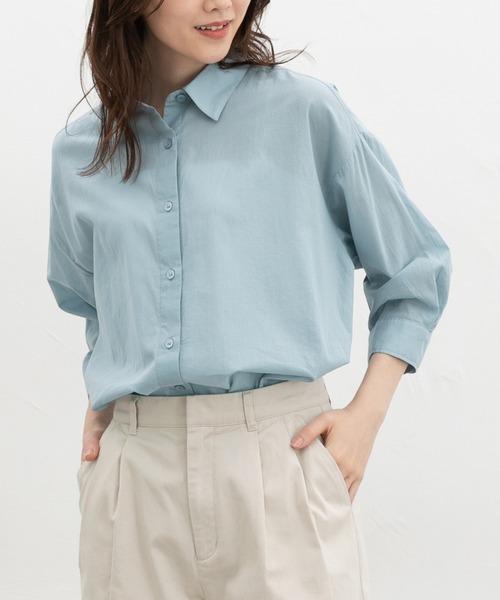 Honeys(ハニーズ)の「やわらか綿7分袖シャツ(シャツ/ブラウス・レディース・ホワイト×ネイビー/キャメル/サックスブルー系/ホワイト/ブラック/グレイッシュブルー・L/LL/M)」の12枚目の写真