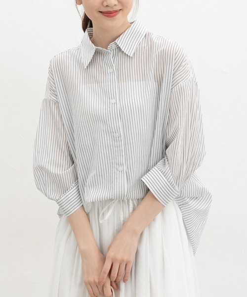 Honeys(ハニーズ)の「やわらか綿7分袖シャツ(シャツ/ブラウス・レディース・ホワイト×ネイビー/キャメル/サックスブルー系/ホワイト/ブラック/グレイッシュブルー・L/LL/M)」の18枚目の写真