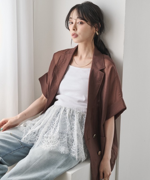 Anclear oui(アンクリアウィ)の「シアーパッチポケットテーラー半袖ジャケット(テーラードジャケット・レディース・LT.Gray/Black/Beige/アイボリー・F)」の7枚目の写真