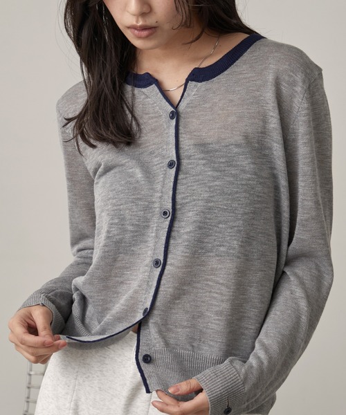 セール】Bicolor Line Sheer Knit Cardigan｜バイカラーラインシアー