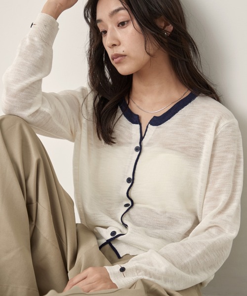 OFROOM（オフルーム）の「Bicolor Line Sheer Knit Cardigan｜バイカラーラインシアーニットカーディガン（カーディガン/ボレロ・レディース・ホワイト/ブルー/グレー・FREE）」の2枚目の写真