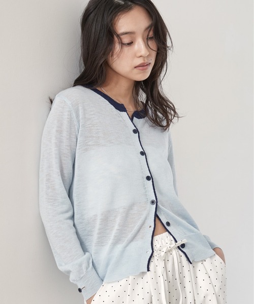 セール】Bicolor Line Sheer Knit Cardigan｜バイカラーラインシアー