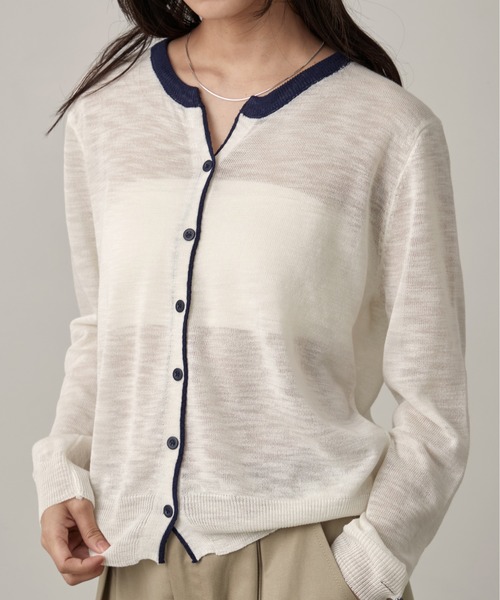 OFROOM（オフルーム）の「Bicolor Line Sheer Knit Cardigan｜バイカラーラインシアーニットカーディガン（カーディガン/ボレロ・レディース・ホワイト/ブルー/グレー・FREE）」の14枚目の写真