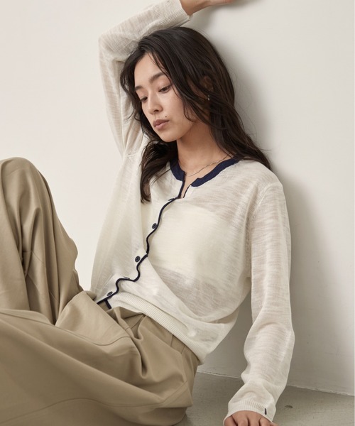 OFROOM（オフルーム）の「Bicolor Line Sheer Knit Cardigan｜バイカラーラインシアーニットカーディガン（カーディガン/ボレロ・レディース・ホワイト/ブルー/グレー・FREE）」の16枚目の写真