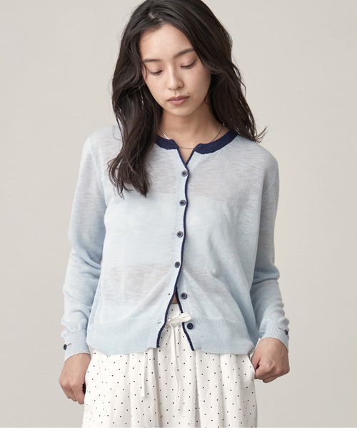OFROOM（オフルーム）の「Bicolor Line Sheer Knit Cardigan｜バイカラーラインシアーニットカーディガン（カーディガン/ボレロ・レディース・ホワイト/ブルー/グレー・FREE）」の4枚目の写真