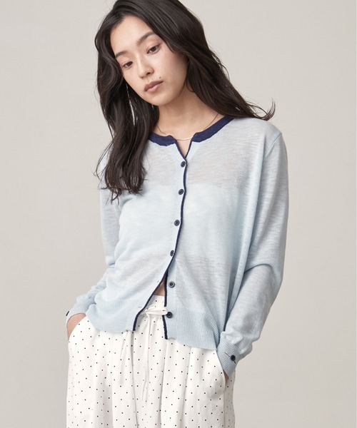 OFROOM（オフルーム）の「Bicolor Line Sheer Knit Cardigan｜バイカラーラインシアーニットカーディガン（カーディガン/ボレロ・レディース・ホワイト/ブルー/グレー・FREE）」の5枚目の写真