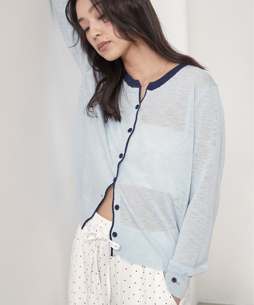OFROOM（オフルーム）の「Bicolor Line Sheer Knit Cardigan｜バイカラーラインシアーニットカーディガン（カーディガン/ボレロ・レディース・ホワイト/ブルー/グレー・FREE）」の6枚目の写真