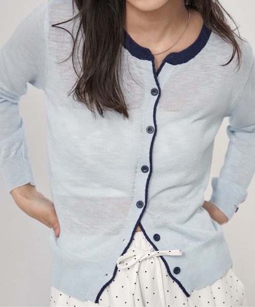 OFROOM（オフルーム）の「Bicolor Line Sheer Knit Cardigan｜バイカラーラインシアーニットカーディガン（カーディガン/ボレロ・レディース・ホワイト/ブルー/グレー・FREE）」の8枚目の写真