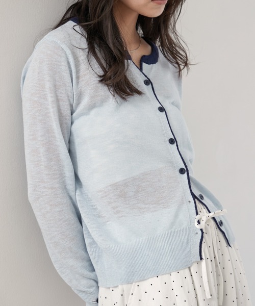 OFROOM（オフルーム）の「Bicolor Line Sheer Knit Cardigan｜バイカラーラインシアーニットカーディガン（カーディガン/ボレロ・レディース・ホワイト/ブルー/グレー・FREE）」の7枚目の写真