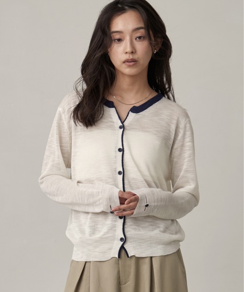 OFROOM（オフルーム）の「Bicolor Line Sheer Knit Cardigan｜バイカラーラインシアーニットカーディガン（カーディガン/ボレロ・レディース・ホワイト/ブルー/グレー・FREE）」の13枚目の写真