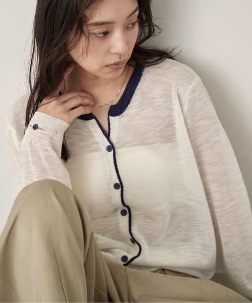 OFROOM（オフルーム）の「Bicolor Line Sheer Knit Cardigan｜バイカラーラインシアーニットカーディガン（カーディガン/ボレロ・レディース・ホワイト/ブルー/グレー・FREE）」の15枚目の写真