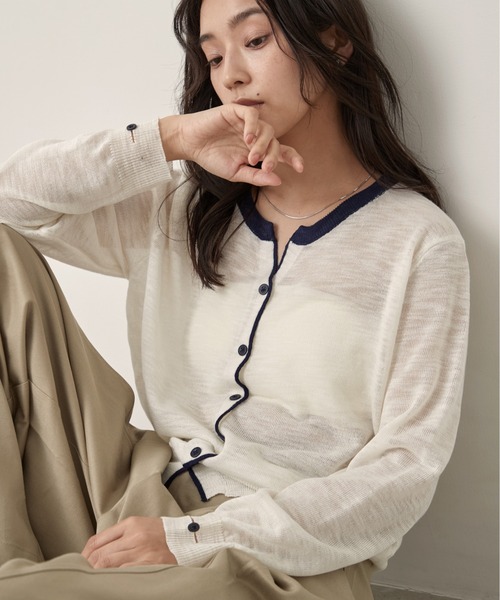 OFROOM（オフルーム）の「Bicolor Line Sheer Knit Cardigan｜バイカラーラインシアーニットカーディガン（カーディガン/ボレロ・レディース・ホワイト/ブルー/グレー・FREE）」の17枚目の写真