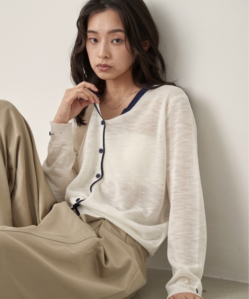 OFROOM（オフルーム）の「Bicolor Line Sheer Knit Cardigan｜バイカラーラインシアーニットカーディガン（カーディガン/ボレロ・レディース・ホワイト/ブルー/グレー・FREE）」の12枚目の写真