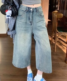 ヴィンテージウォッシュ ルーズワイドデニムクロップドパンツ