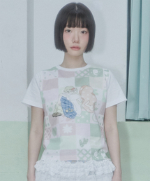 [境界Xビデオザキ] パッチワークプリントTシャツ [ピンク]