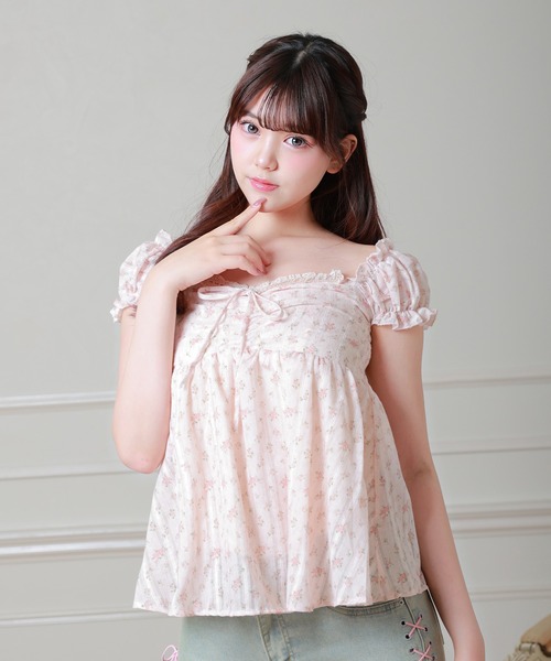 Anely（アネリー）の「小花柄 リボン ペプラム パフスリーブ ブラウス（シャツ/ブラウス・レディース・アイボリー/ピンク・FREE）」の8枚目の写真