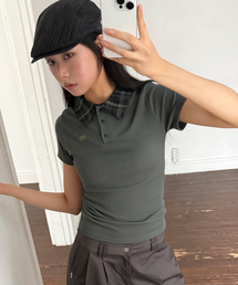 チェックポイントカラー半袖Tシャツカーキ