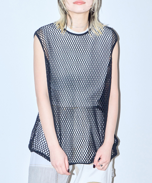 CITYSHOP(シティーショップ)の「COTTON MESH TANK TOP:カットソー(Tシャツ/カットソー・レディース・ブラック/ベージュ・FREE)」の1枚目の写真