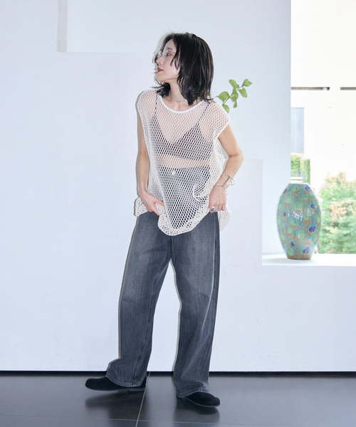 CITYSHOP(シティーショップ)の「COTTON MESH TANK TOP:カットソー(Tシャツ/カットソー・レディース・ブラック/ベージュ・FREE)」の4枚目の写真
