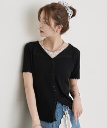 【3色展開】レースV半袖ニットカーディガン