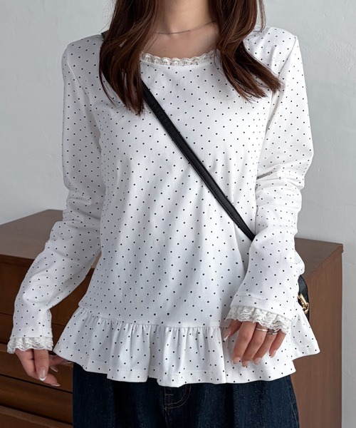 solleim（ソルレム）の「レーストリムドットフリルトップス（Tシャツ/カットソー・レディース・杢グレー/ネイビー/ホワイト・M/L）」の2枚目の写真