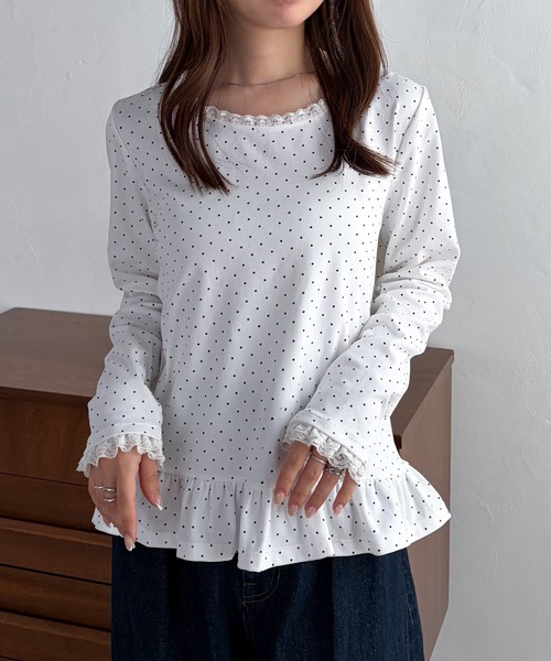 solleim（ソルレム）の「レーストリムドットフリルトップス（Tシャツ/カットソー・レディース・杢グレー/ネイビー/ホワイト・M/L）」の4枚目の写真