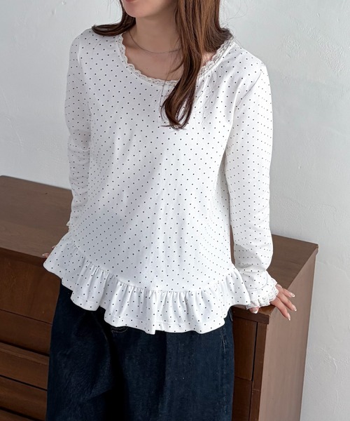 solleim（ソルレム）の「レーストリムドットフリルトップス（Tシャツ/カットソー・レディース・杢グレー/ネイビー/ホワイト・M/L）」の5枚目の写真