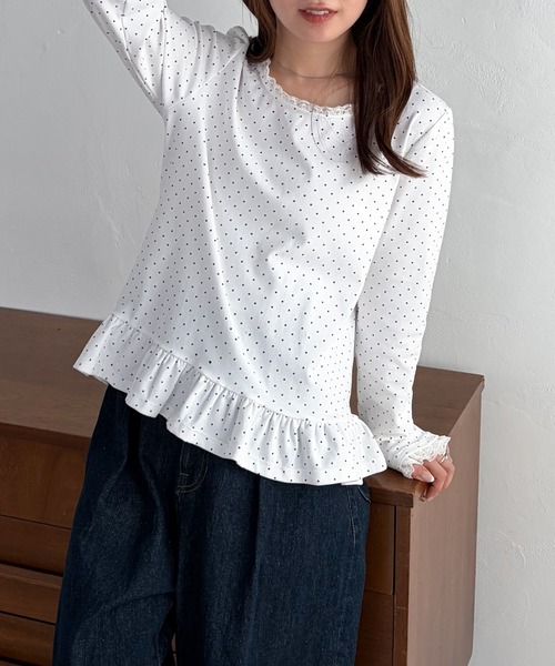 solleim（ソルレム）の「レーストリムドットフリルトップス（Tシャツ/カットソー・レディース・杢グレー/ネイビー/ホワイト・M/L）」の6枚目の写真