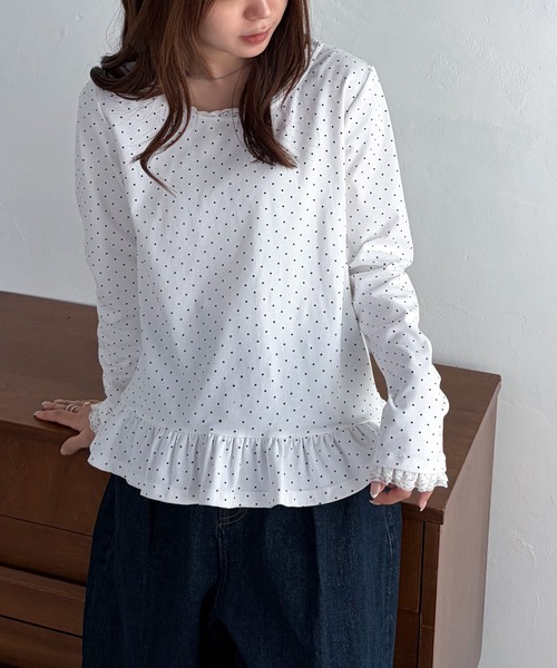 solleim（ソルレム）の「レーストリムドットフリルトップス（Tシャツ/カットソー・レディース・杢グレー/ネイビー/ホワイト・M/L）」の7枚目の写真