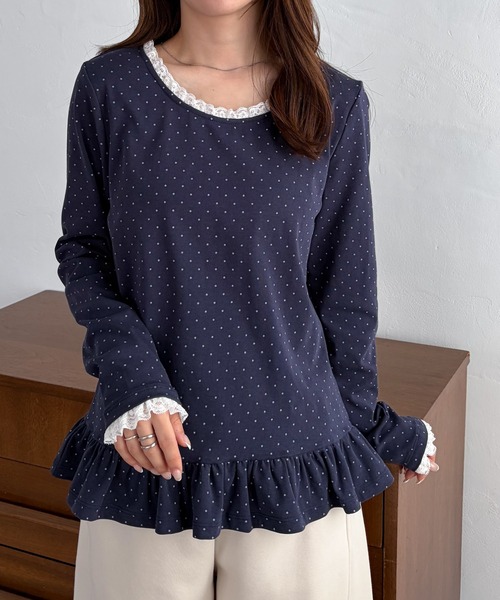 solleim（ソルレム）の「レーストリムドットフリルトップス（Tシャツ/カットソー・レディース・杢グレー/ネイビー/ホワイト・M/L）」の9枚目の写真