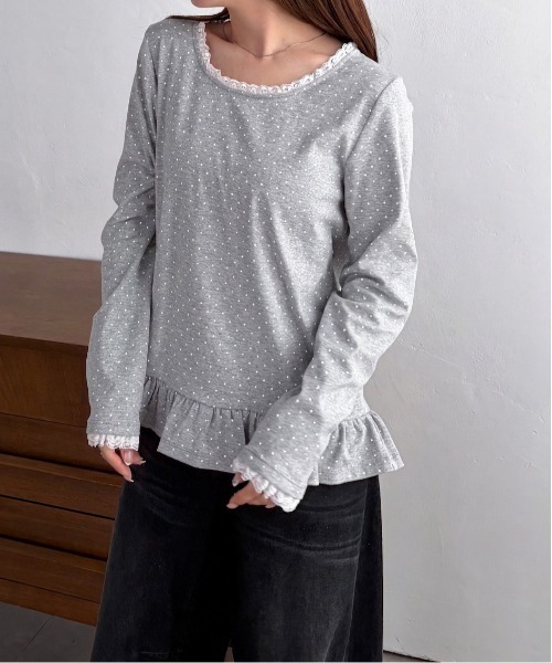 solleim（ソルレム）の「レーストリムドットフリルトップス（Tシャツ/カットソー・レディース・杢グレー/ネイビー/ホワイト・M/L）」の12枚目の写真