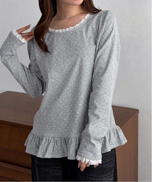 solleim（ソルレム）の「レーストリムドットフリルトップス（Tシャツ/カットソー・レディース・杢グレー/ネイビー/ホワイト・M/L）」の13枚目の写真