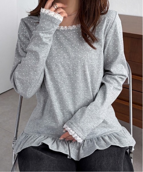 solleim（ソルレム）の「レーストリムドットフリルトップス（Tシャツ/カットソー・レディース・杢グレー/ネイビー/ホワイト・M/L）」の17枚目の写真