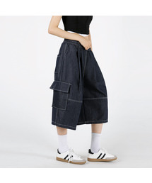 レディース ツーピンタックバミューダカーゴデニムパンツ 2COLOR