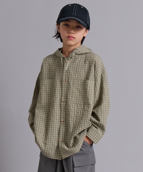 PAIRMANON STREET(ペアマノンストリート)の「【100-160cm】チェック フード付き 長袖 シャツ 【PAIRMANON STREET】(シャツ/ブラウス・キッズ・ブルー/ブラック/ベージュ・100/110/150/130/120/160/140)」の2枚目の写真