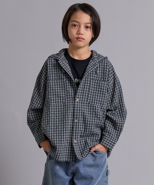 PAIRMANON STREET(ペアマノンストリート)の「【100-160cm】チェック フード付き 長袖 シャツ 【PAIRMANON STREET】(シャツ/ブラウス・キッズ・ブルー/ブラック/ベージュ・100/110/150/130/120/160/140)」の1枚目の写真
