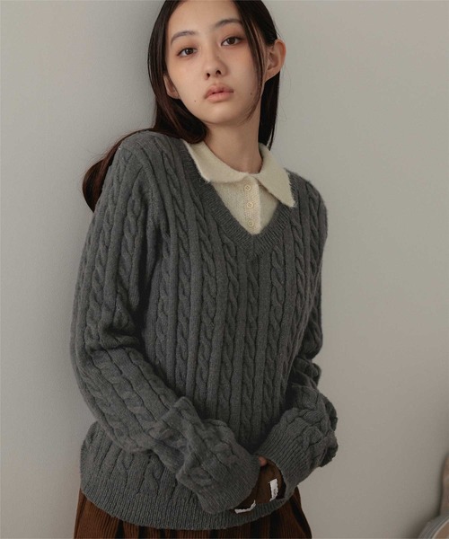 miette（ミエット）の「襟付きレイヤード風Vネックニットプルオーバー（ニット/セーター・レディース・ブラウン/チャコール/ブラック・FREE）」の14枚目の写真
