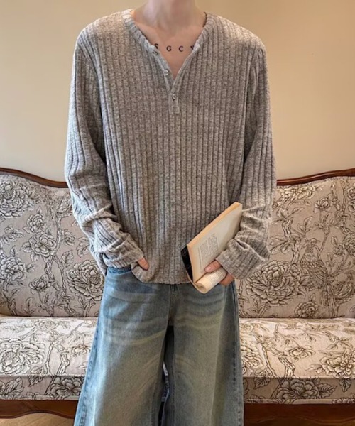link lot(リンクロット)の「【26年秋冬新作アイテム】ヘンリーネック長袖ニットソー(Tシャツ/カットソー・メンズ・グレー/アイボリー・M/L)」の14枚目の写真