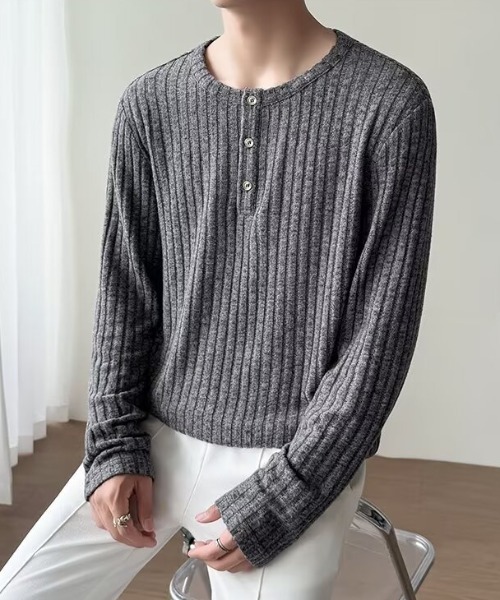 link lot(リンクロット)の「【26年秋冬新作アイテム】ヘンリーネック長袖ニットソー(Tシャツ/カットソー・メンズ・グレー/アイボリー・M/L)」の3枚目の写真