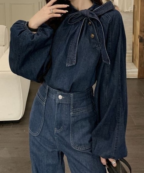 Teem Store(チームストア)の「アシンメトリーリボン ボリュームスリーブデニムブラウス(シャツ/ブラウス・レディース・ブルー・M)」の7枚目の写真