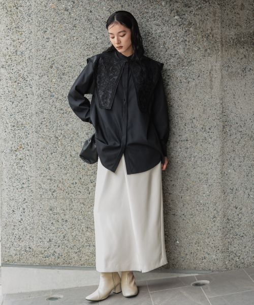 Callarus（カラルス）の「刺繍モチーフ襟付バンドカラーオーバーシャツ［Callarus］（シャツ/ブラウス・レディース・ブラック/ホワイト・LL/L/M/S）」の20枚目の写真