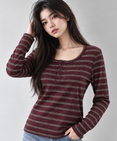 セール】ボーダー柄 ヘンリーネック長袖トップス（Tシャツ/カットソー